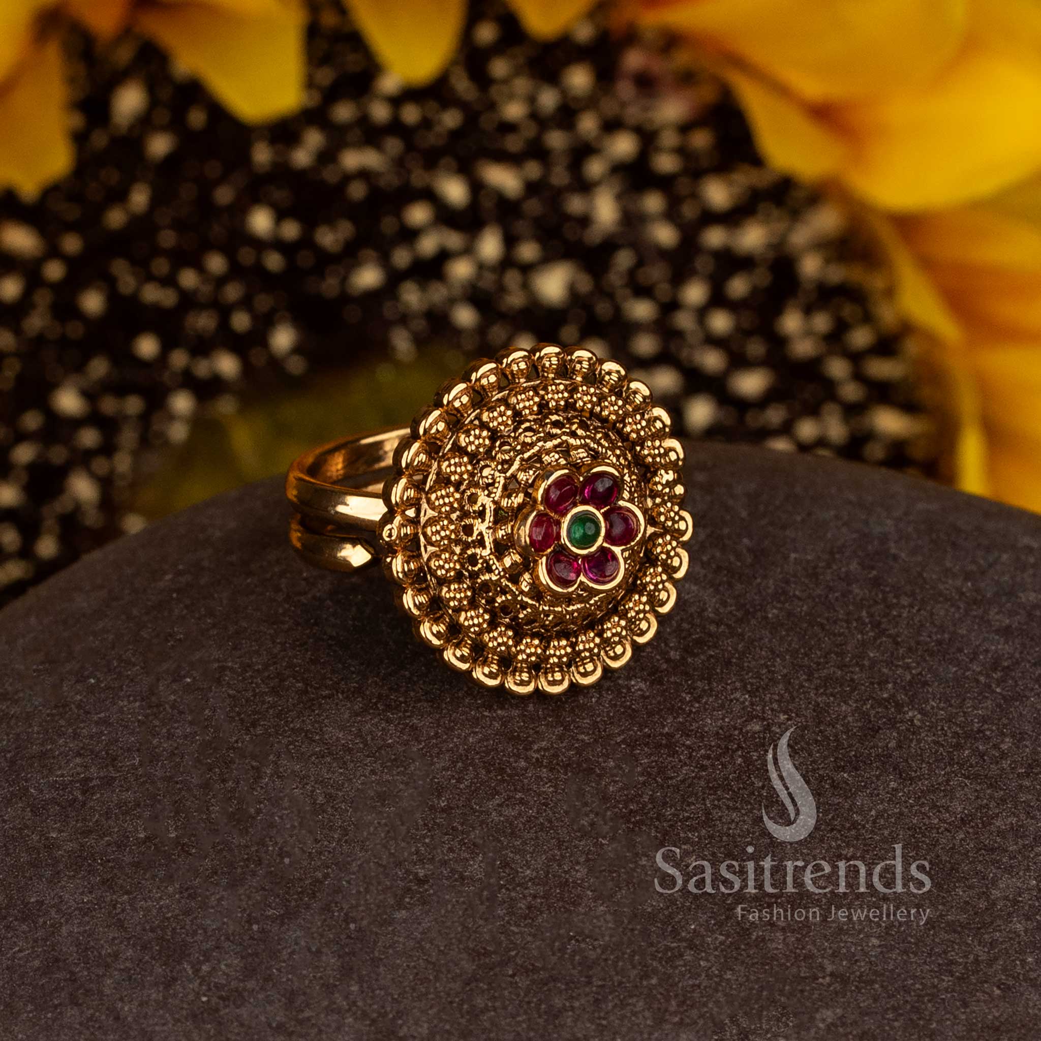 Matte Gold Plated Temple Concentric Floral Medallion Finger Ring for Women - Sasitrends