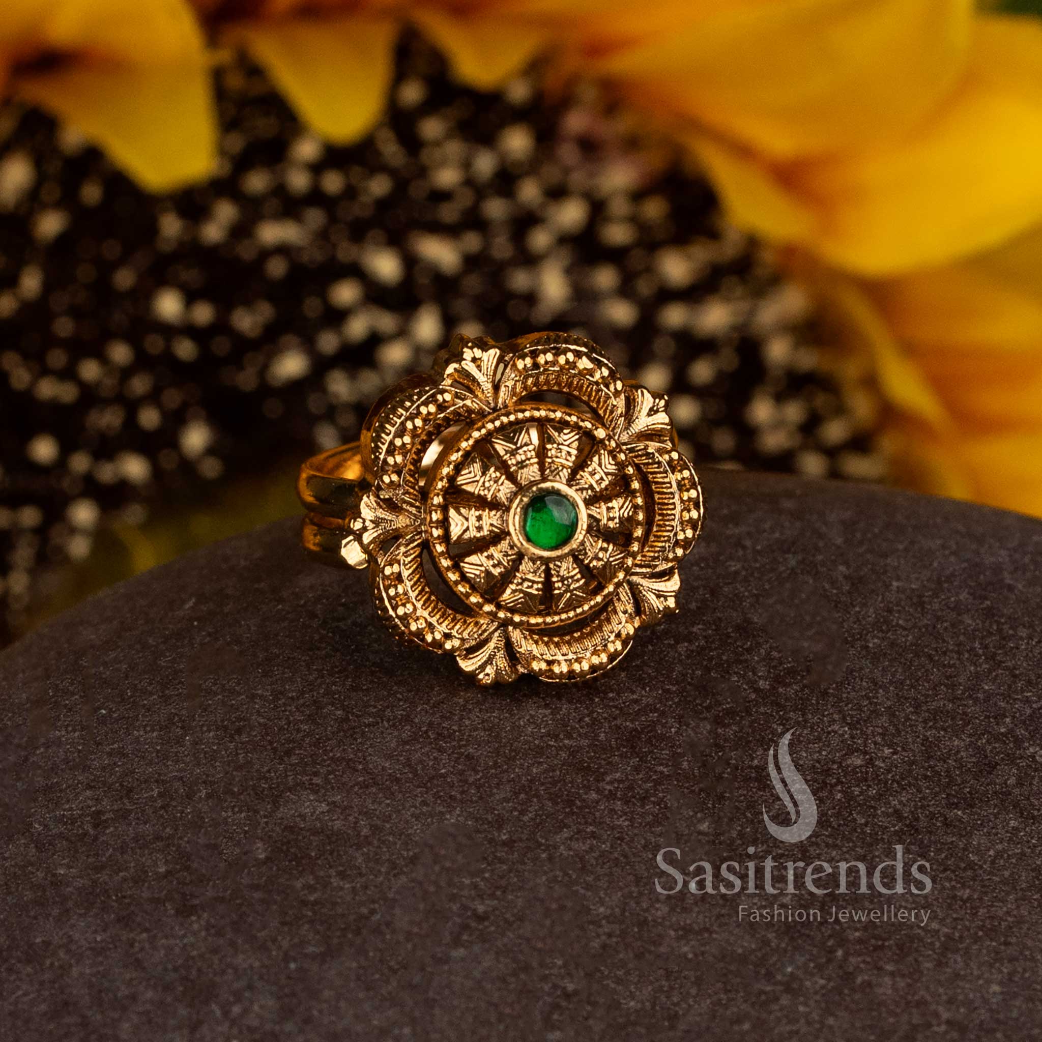 Matte Gold Plated Temple Flower Bloom Medallion Finger Ring for Women - Sasitrends