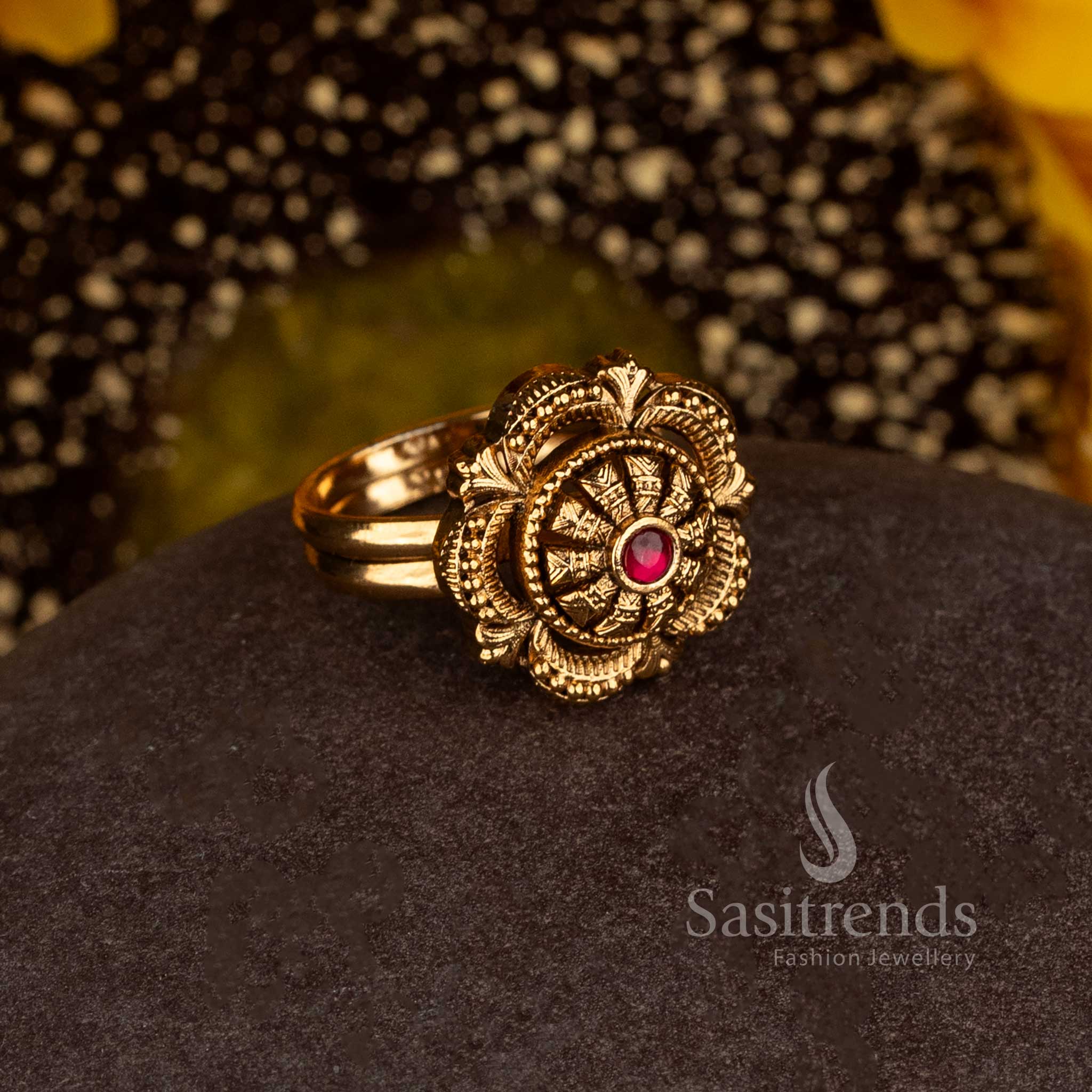 Matte Gold Plated Temple Flower Bloom Medallion Finger Ring for Women - Sasitrends