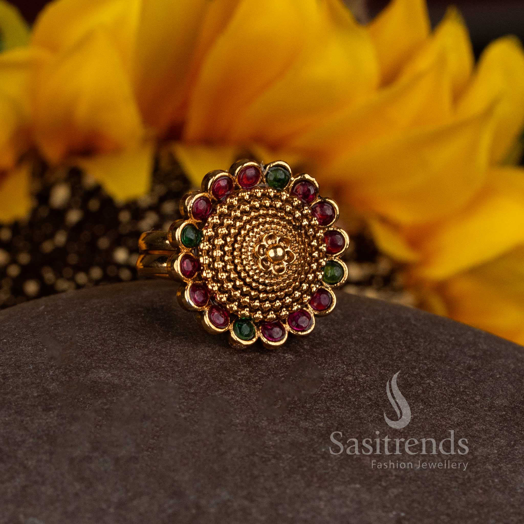 Matte Gold Plated Temple Beaded Circular Medallion Finger Ring for Women - Sasitrends