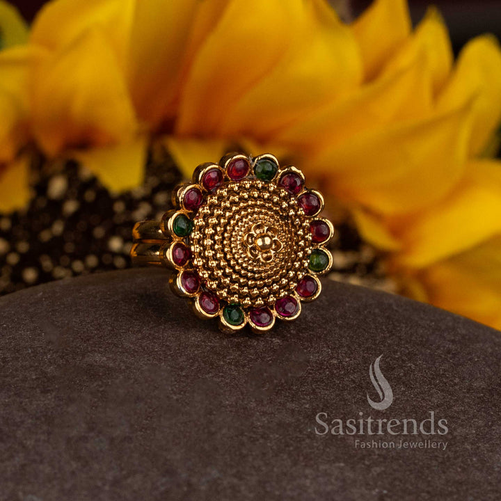 Matte Gold Plated Temple Beaded Circular Medallion Finger Ring for Women - Sasitrends
