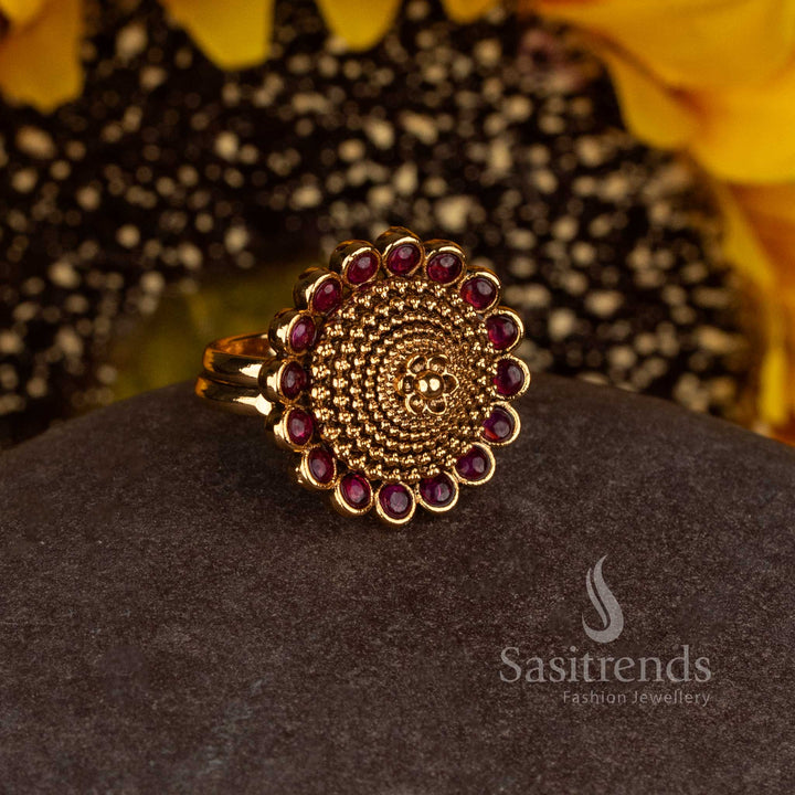 Matte Gold Plated Temple Beaded Circular Medallion Finger Ring for Women - Sasitrends