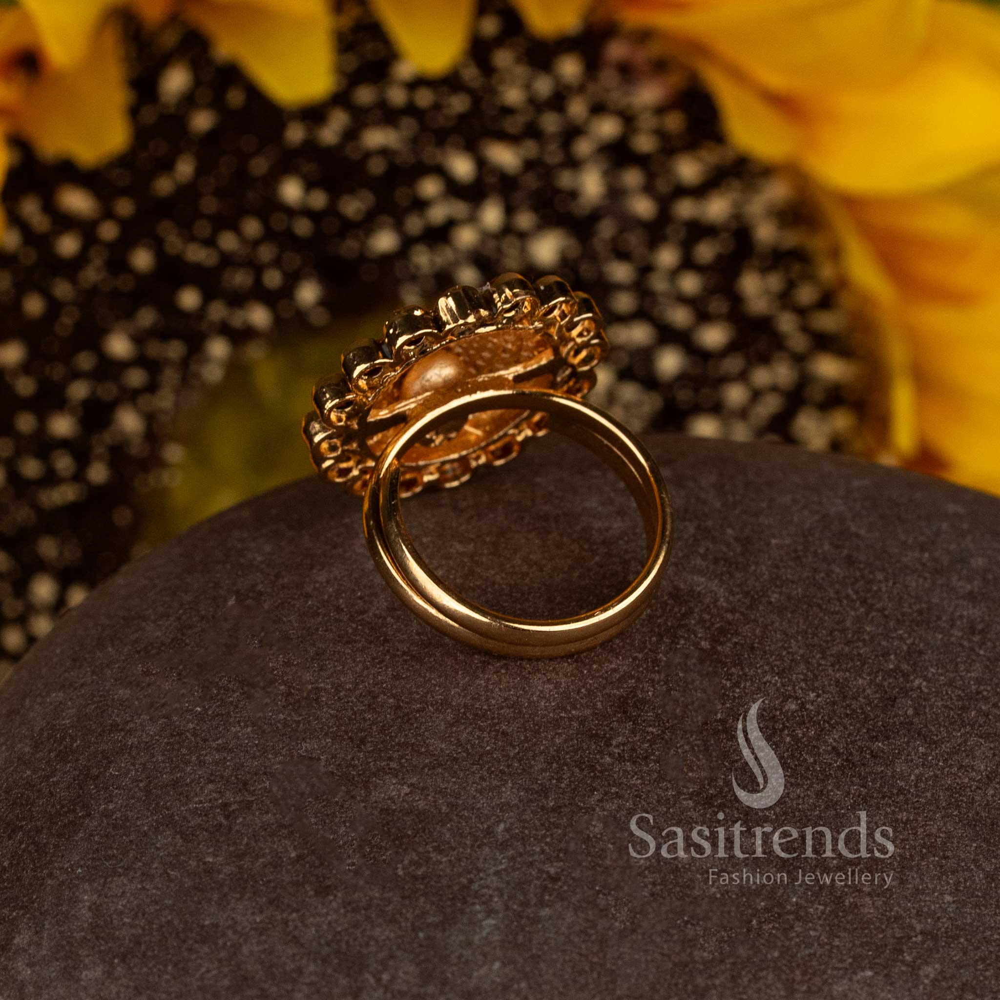 Matte Gold Plated Temple Beaded Circular Medallion Finger Ring for Women - Sasitrends