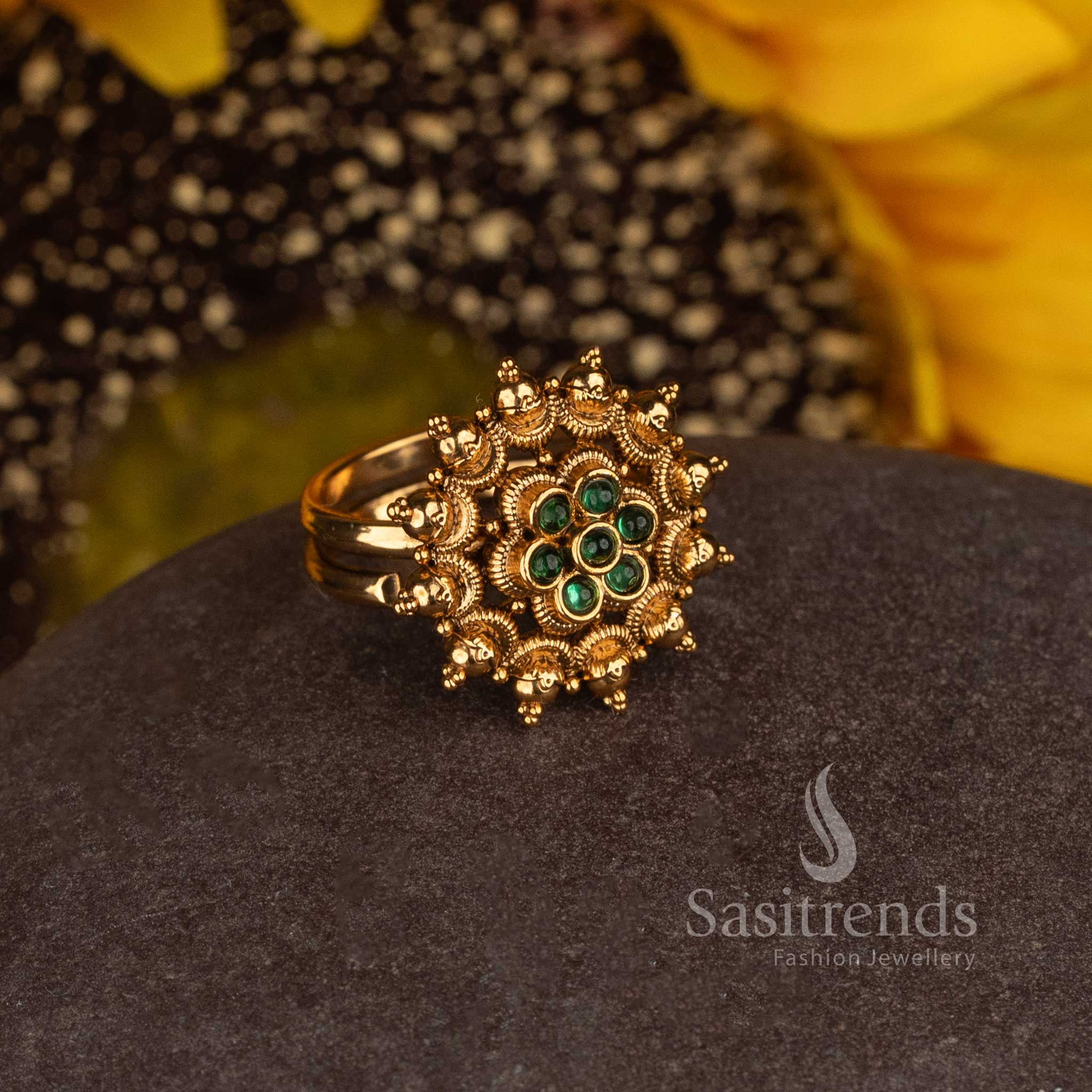 Premium Matte Gold Plated Temple Sunburst Floral Medallion Adjustable Finger Ring - Sasitrends