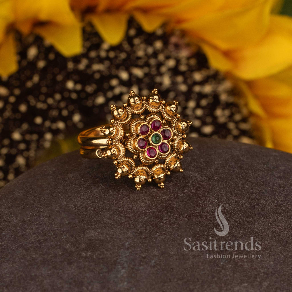 Matte Gold Plated Temple Sunburst Floral Medallion Adjustable Finger Ring for Women - Sasitrends