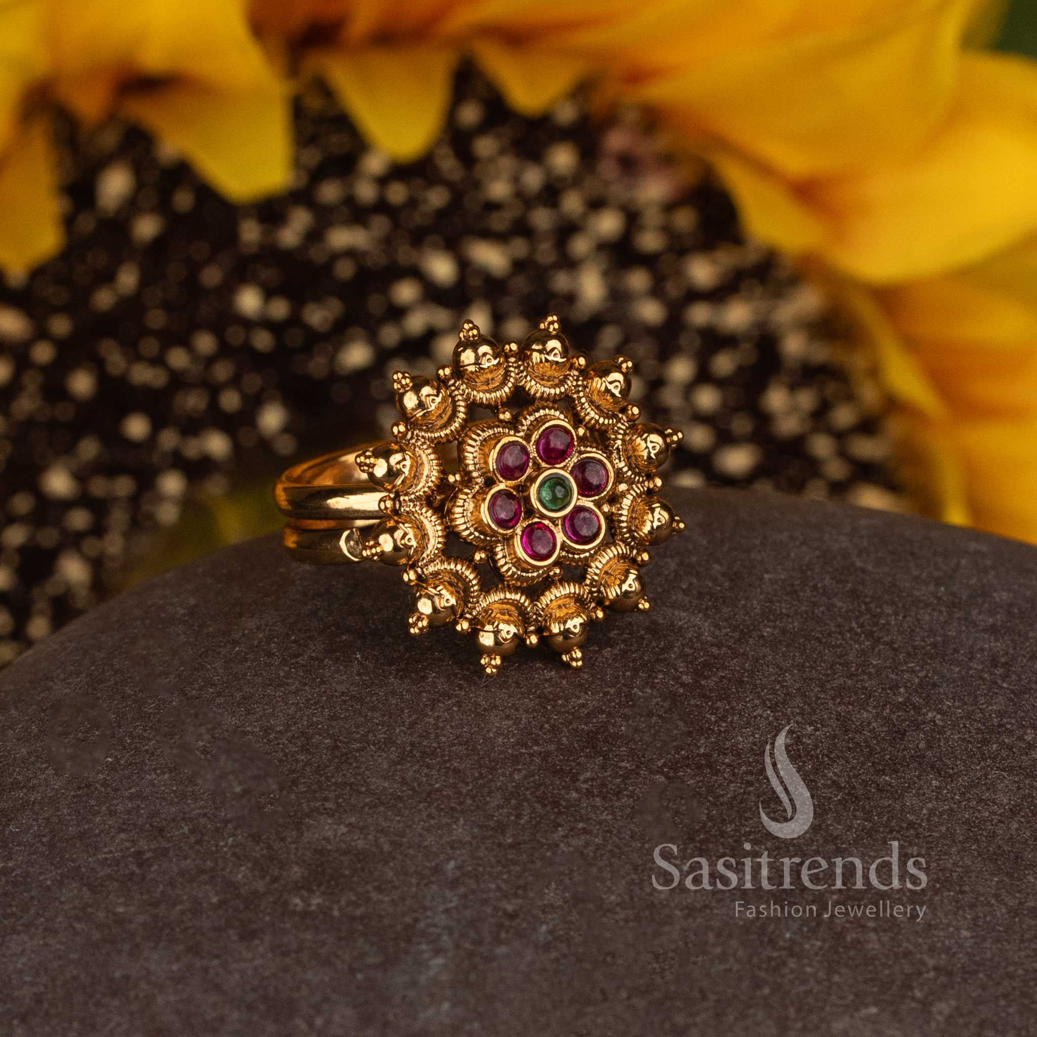 Matte Gold Plated Temple Sunburst Floral Medallion Adjustable Finger Ring for Women - Sasitrends