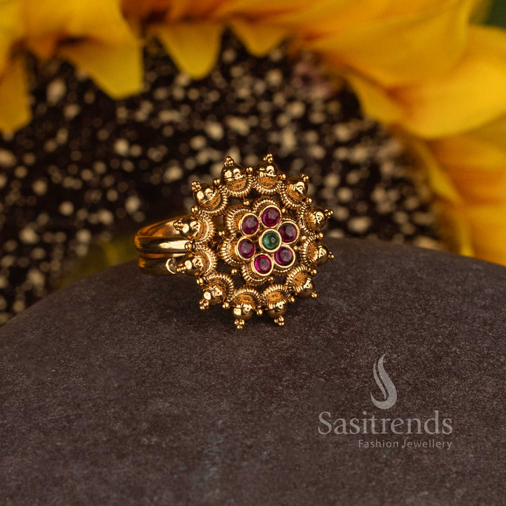 Matte Gold Plated Temple Sunburst Floral Medallion Adjustable Finger Ring for Women - Sasitrends