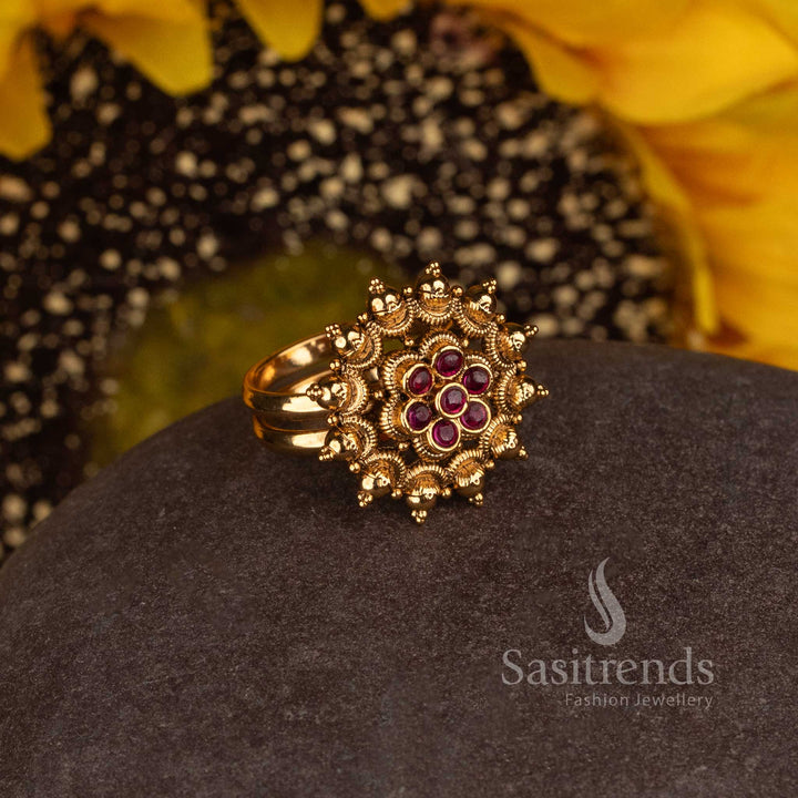 Matte Gold Plated Temple Sunburst Floral Medallion Adjustable Finger Ring for Women - Sasitrends