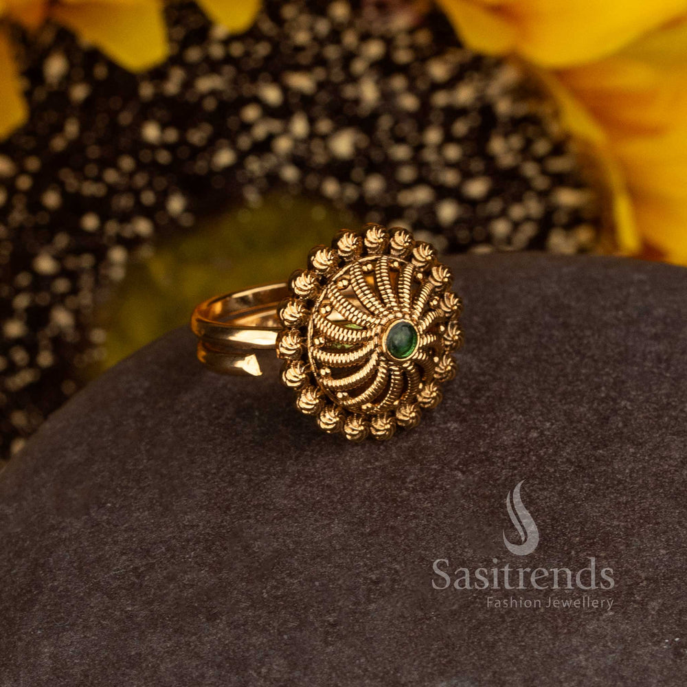 Matte Gold Plated South Indian Temple Spiral Statement Ring for Bridal Wear - Sasitrends