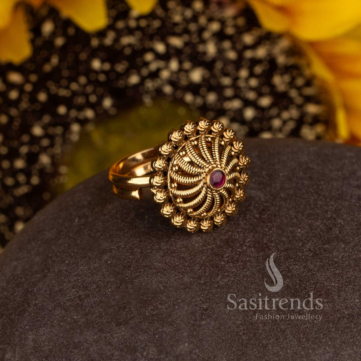 Matte Gold Plated South Indian Temple Spiral Statement Ring for Bridal Wear - Sasitrends