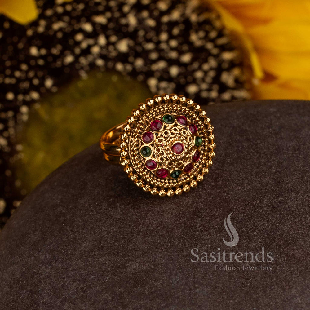 Matte Gold Plated Temple Domed Granulated Medallion Adjustable Finger Ring for Women - Sasitrends
