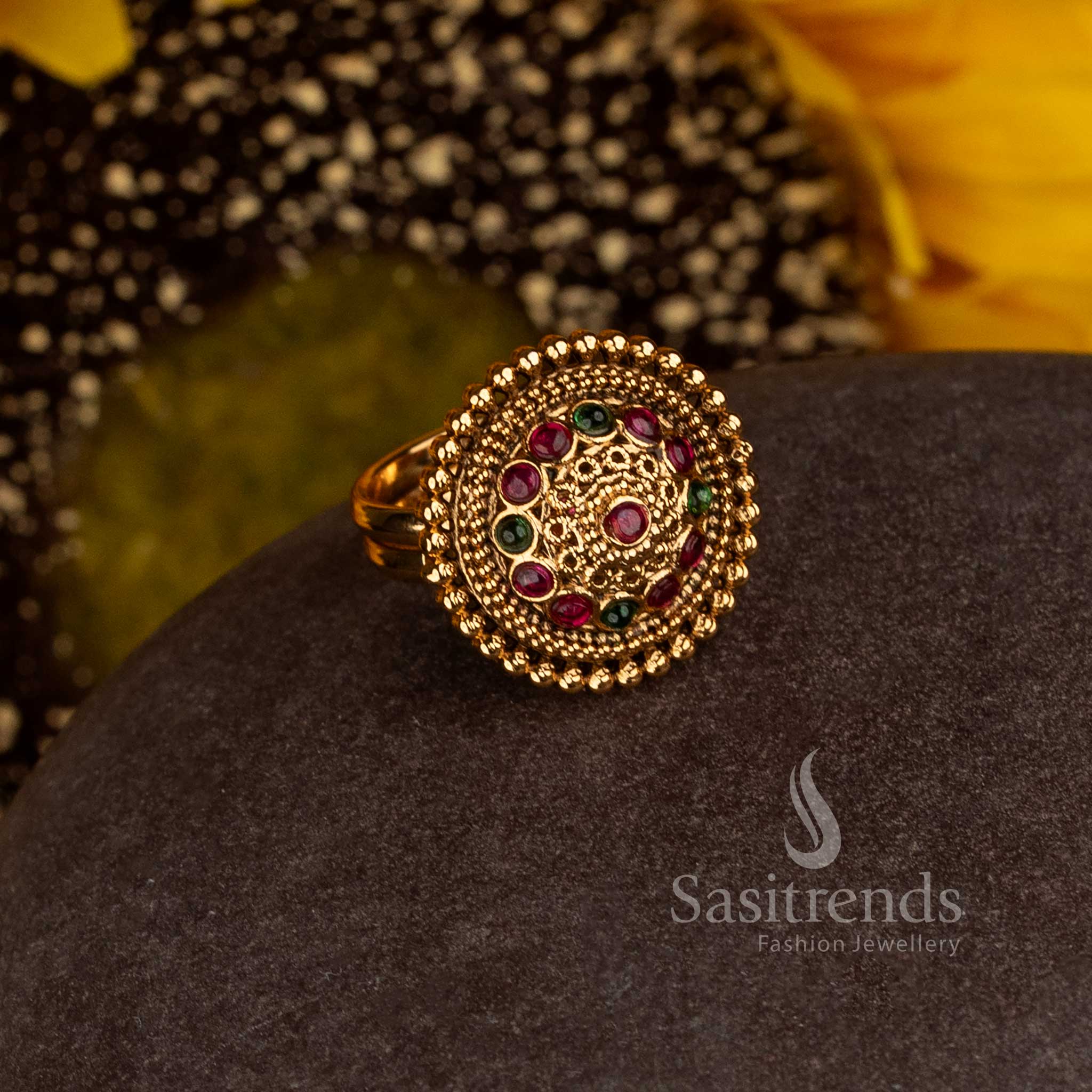 Matte Gold Plated Temple Domed Granulated Medallion Adjustable Finger Ring for Women - Sasitrends