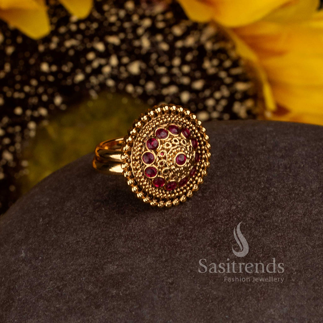 Matte Gold Plated Temple Domed Granulated Medallion Adjustable Finger Ring for Women - Sasitrends