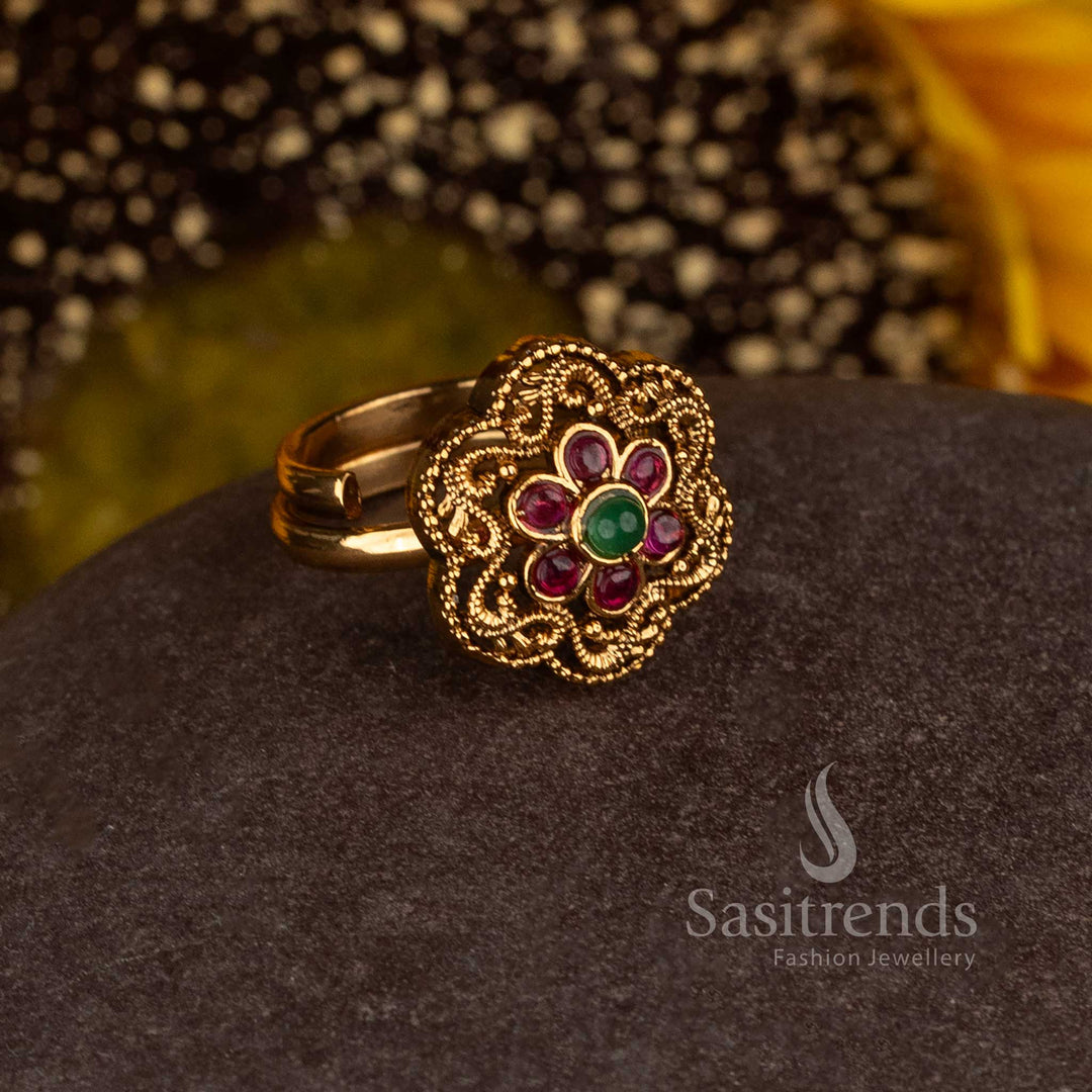Matte Gold Plated Temple Radial Floral Medallion Adjustable Finger Ring for Women - Sasitrends