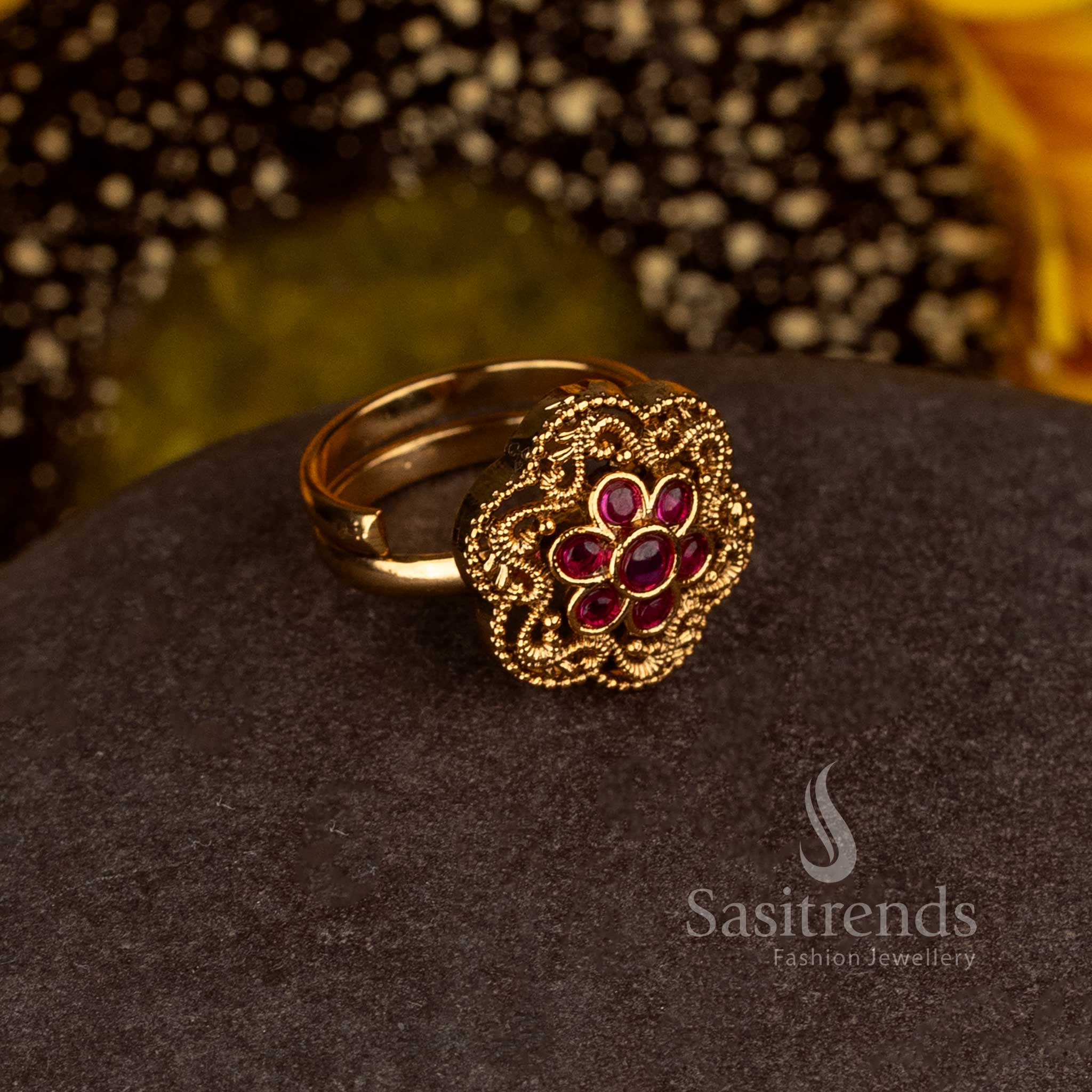 Matte Gold Plated Temple Radial Floral Medallion Adjustable Finger Ring for Women - Sasitrends