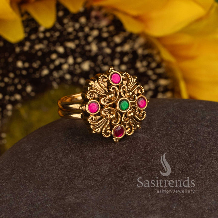 Matte Gold Plated South Indian Temple Floral Scroll Statement Ring for Bridal Wear - Sasitrends