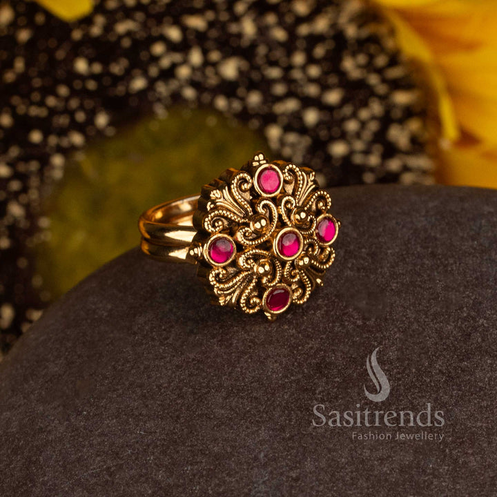 Matte Gold Plated South Indian Temple Floral Scroll Statement Ring for Bridal Wear - Sasitrends