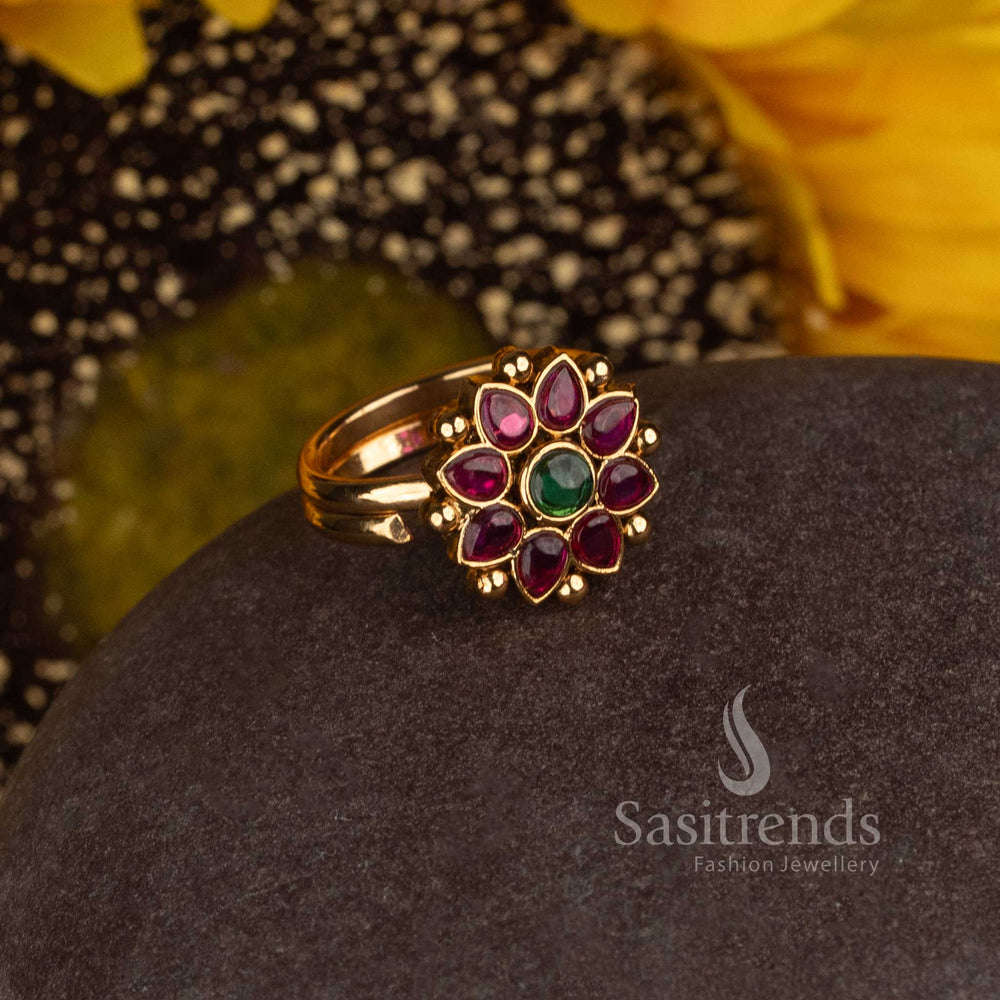 Matte Gold Plated Temple Flower Medallion Adjustable Finger Ring for Women - Sasitrends