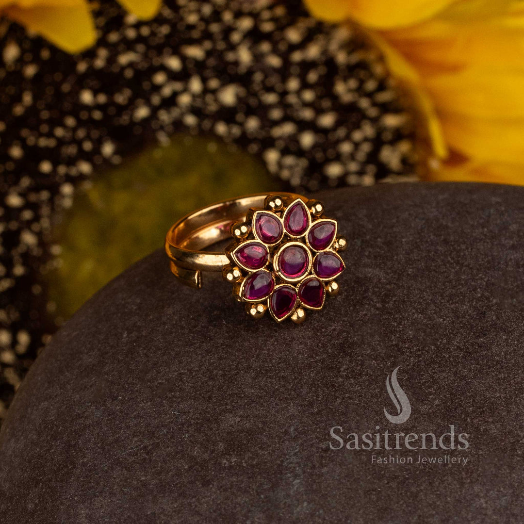 Matte Gold Plated Temple Flower Medallion Adjustable Finger Ring for Women - Sasitrends