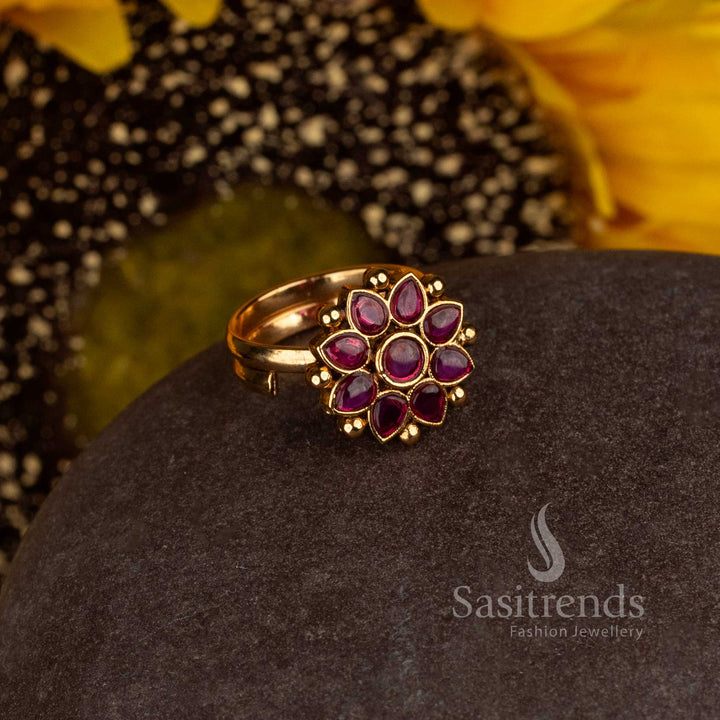 Matte Gold Plated Temple Flower Medallion Adjustable Finger Ring for Women - Sasitrends