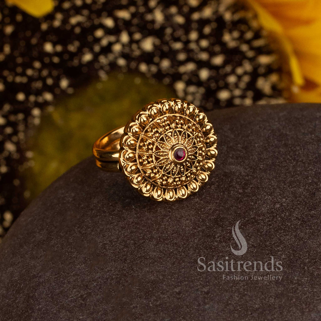 Matte Gold Plated South Indian Temple Floral Statement Ring for Bridal Wear - Sasitrends