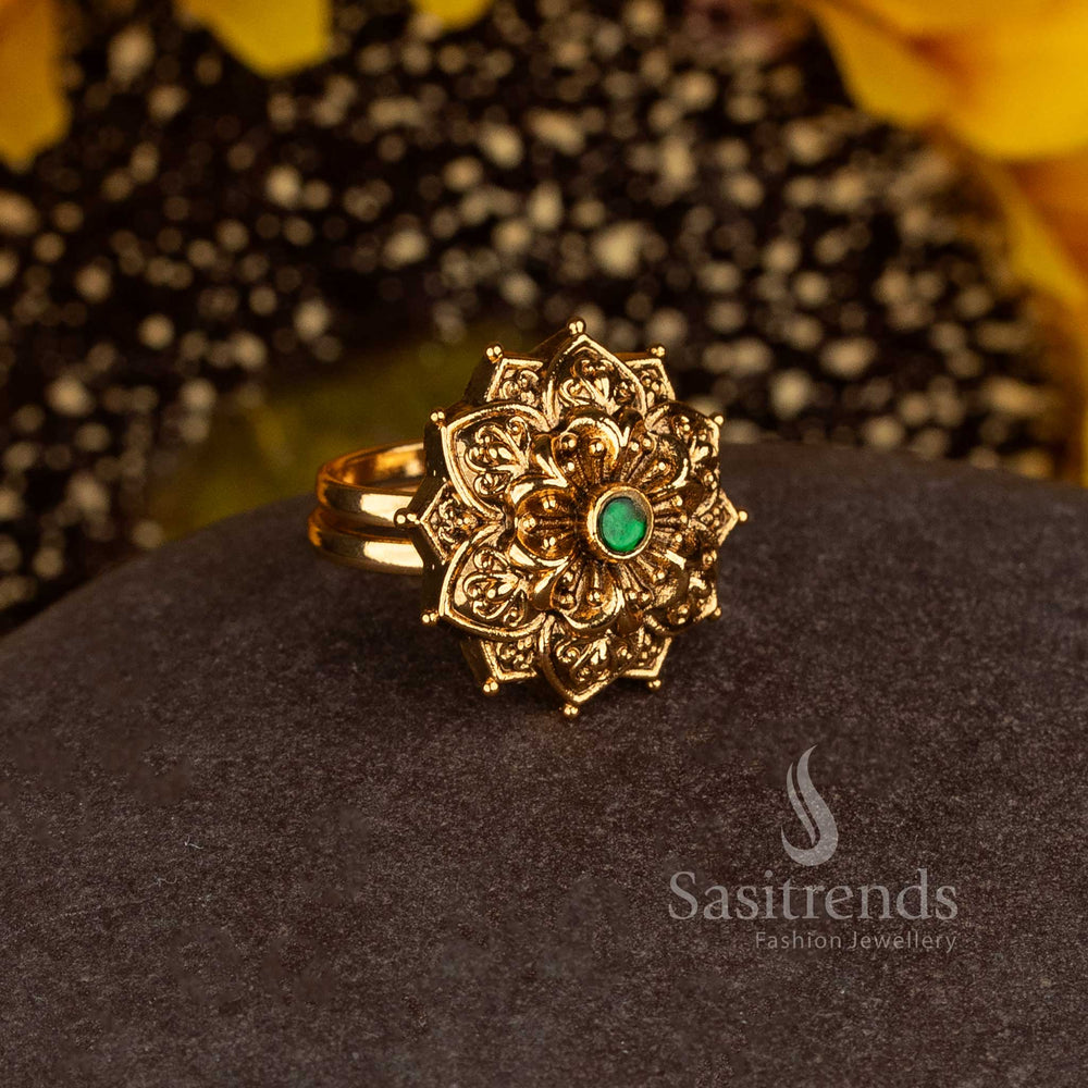 Matte Gold Plated Temple Radial Floral Medallion Adjustable Finger Ring for Women - Sasitrends