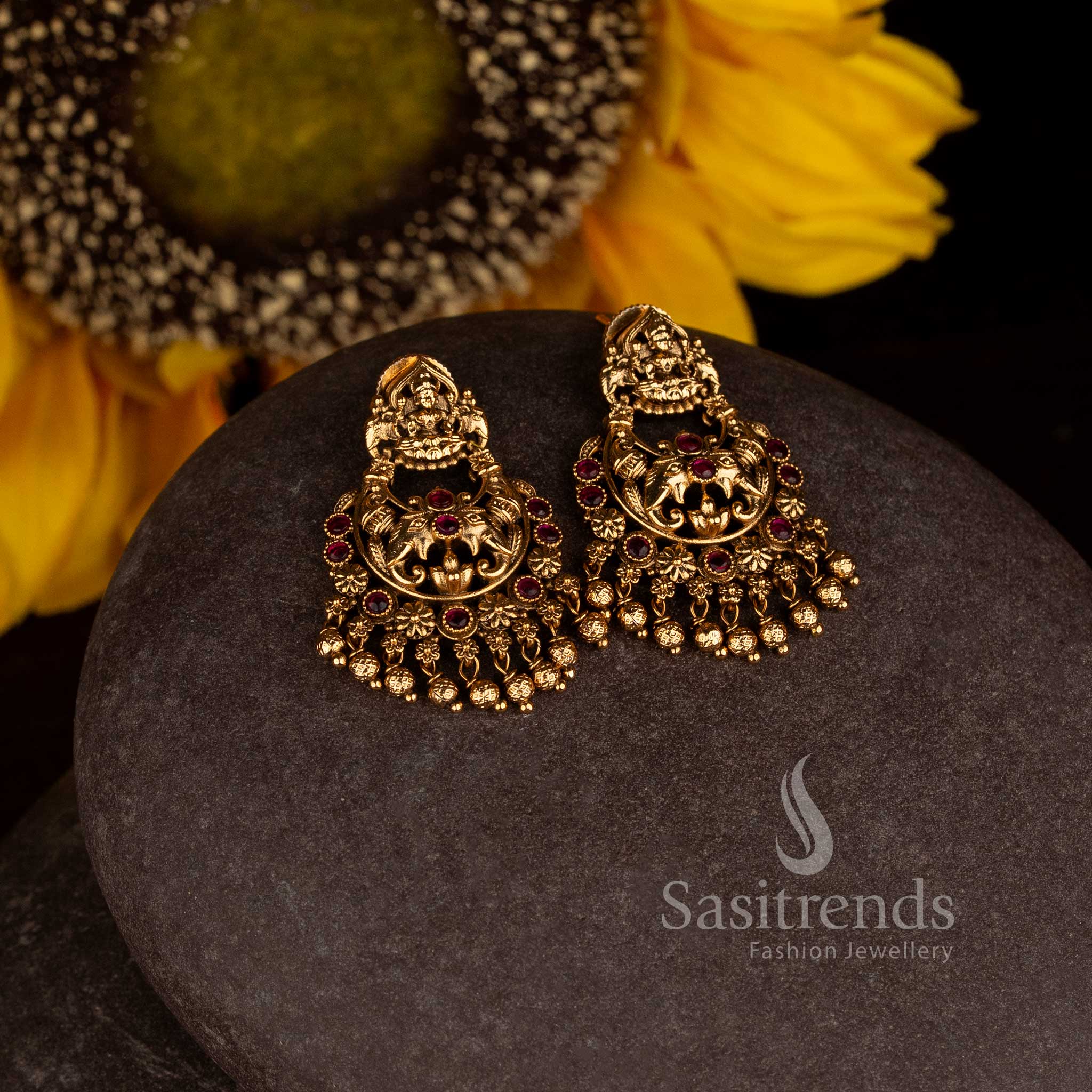 Matte Gold Plated Temple Lakshmi Peacock Crescent Chandbali Earrings for Women - Sasitrends