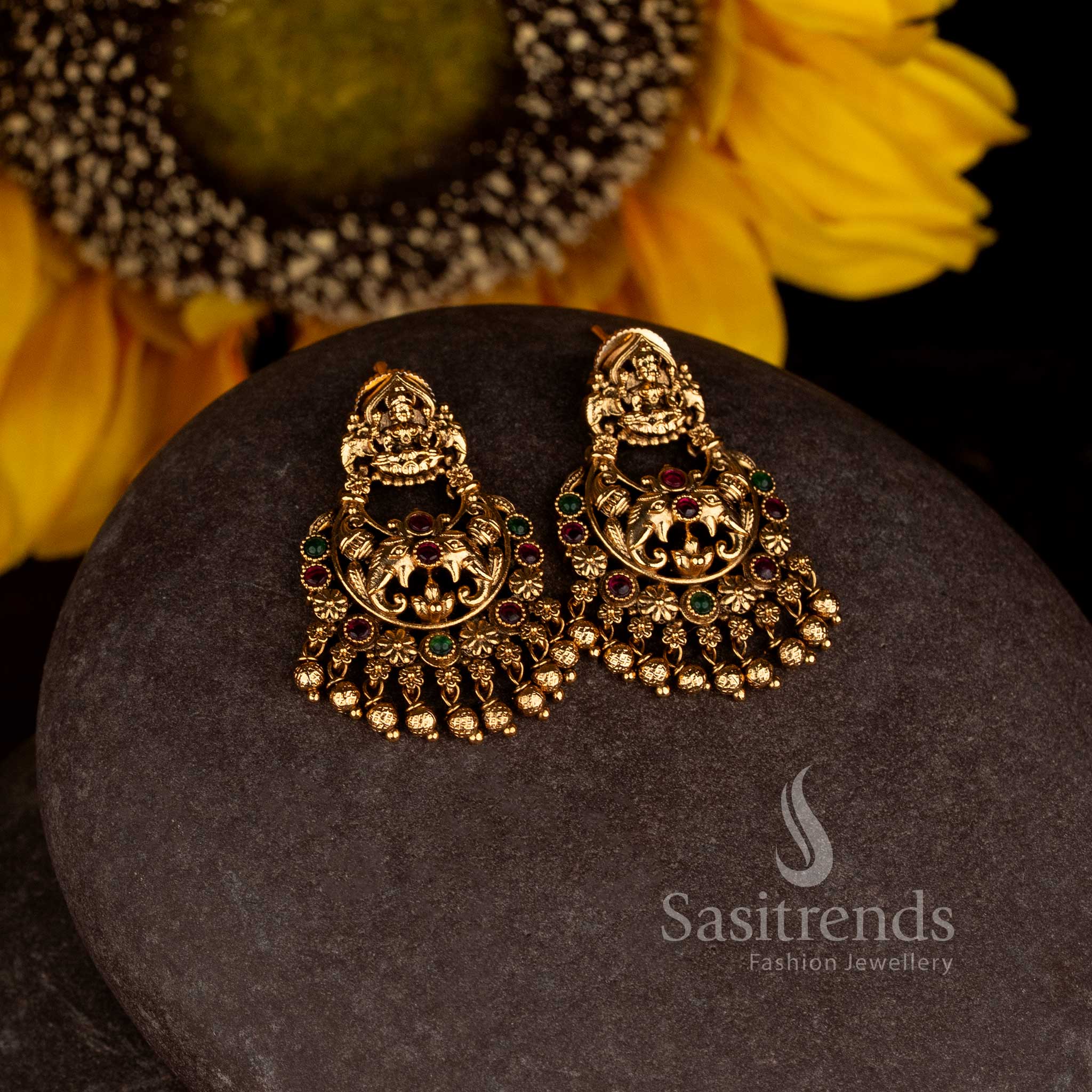 Matte Gold Plated Temple Lakshmi Peacock Crescent Chandbali Earrings for Women - Sasitrends