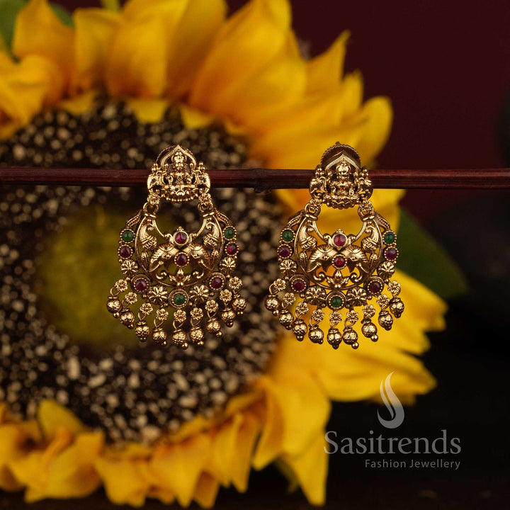Matte Gold Plated Temple Lakshmi Peacock Crescent Chandbali Earrings for Women - Sasitrends
