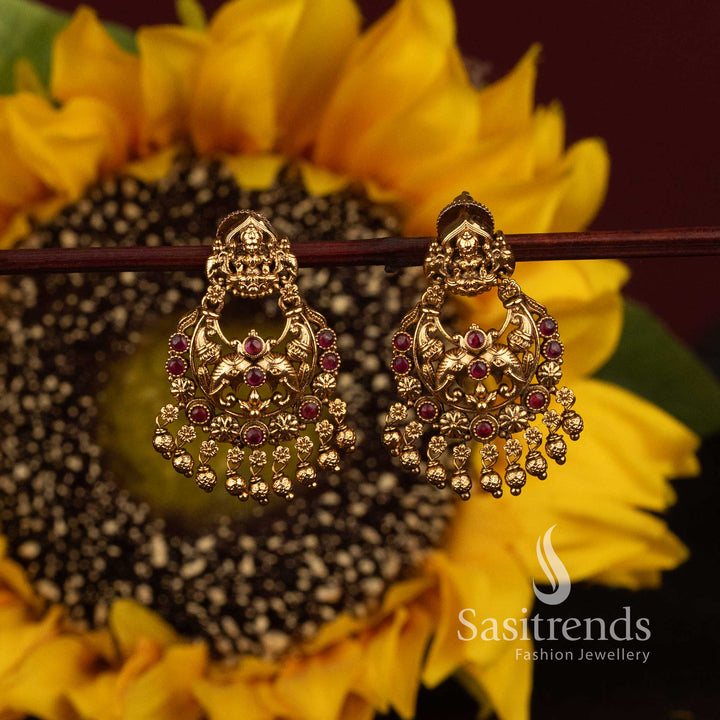 Matte Gold Plated Temple Lakshmi Peacock Crescent Chandbali Earrings for Women - Sasitrends