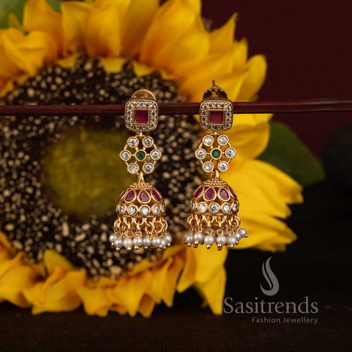 Traditional Antique Gold Plated Geometric Floral AD CZ Stone Jhumka Drop Earrings with Pearl Fringe - Sasitrends