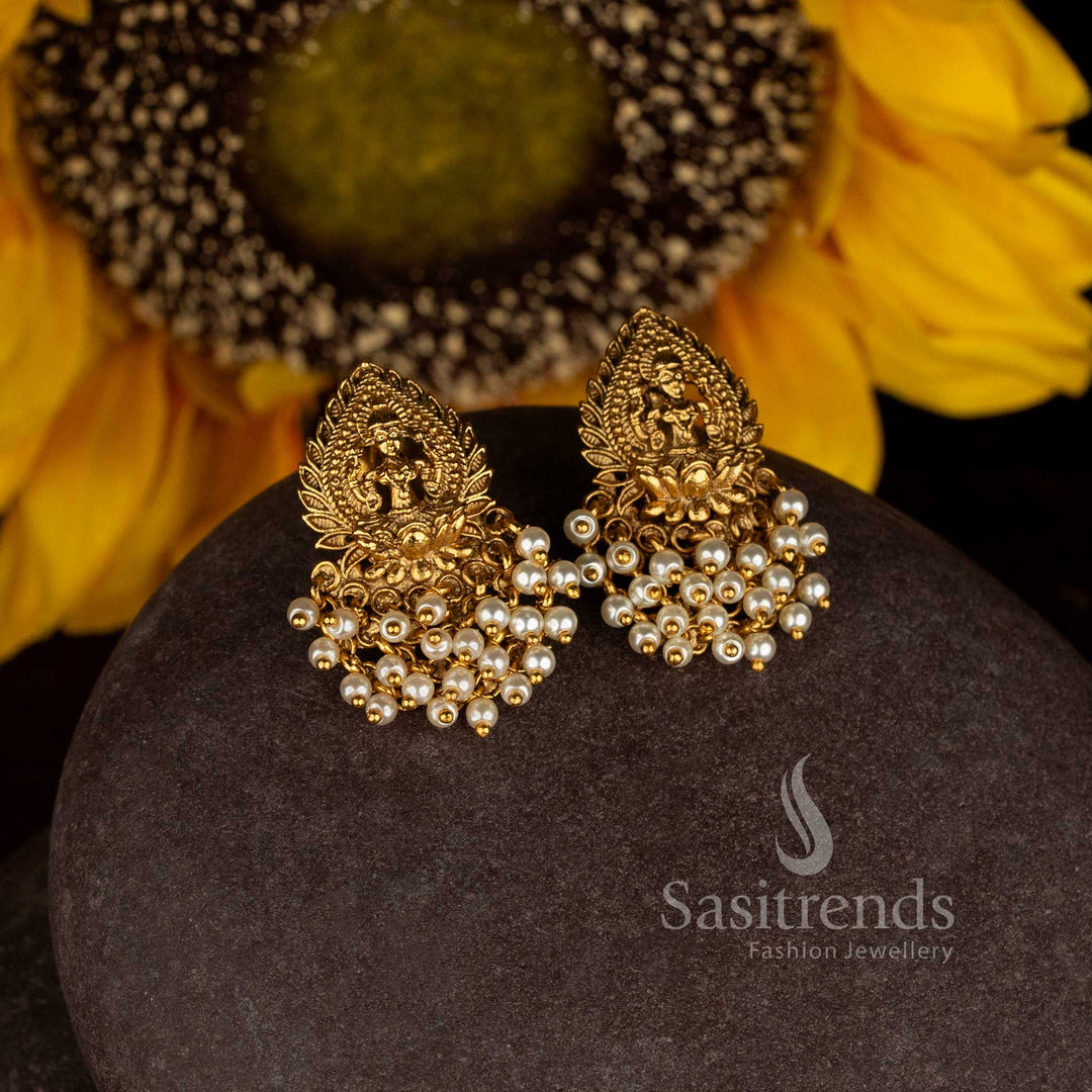 Matte Gold Plated Temple Goddess Lakshmi Drop Earrings for Women - Sasitrends