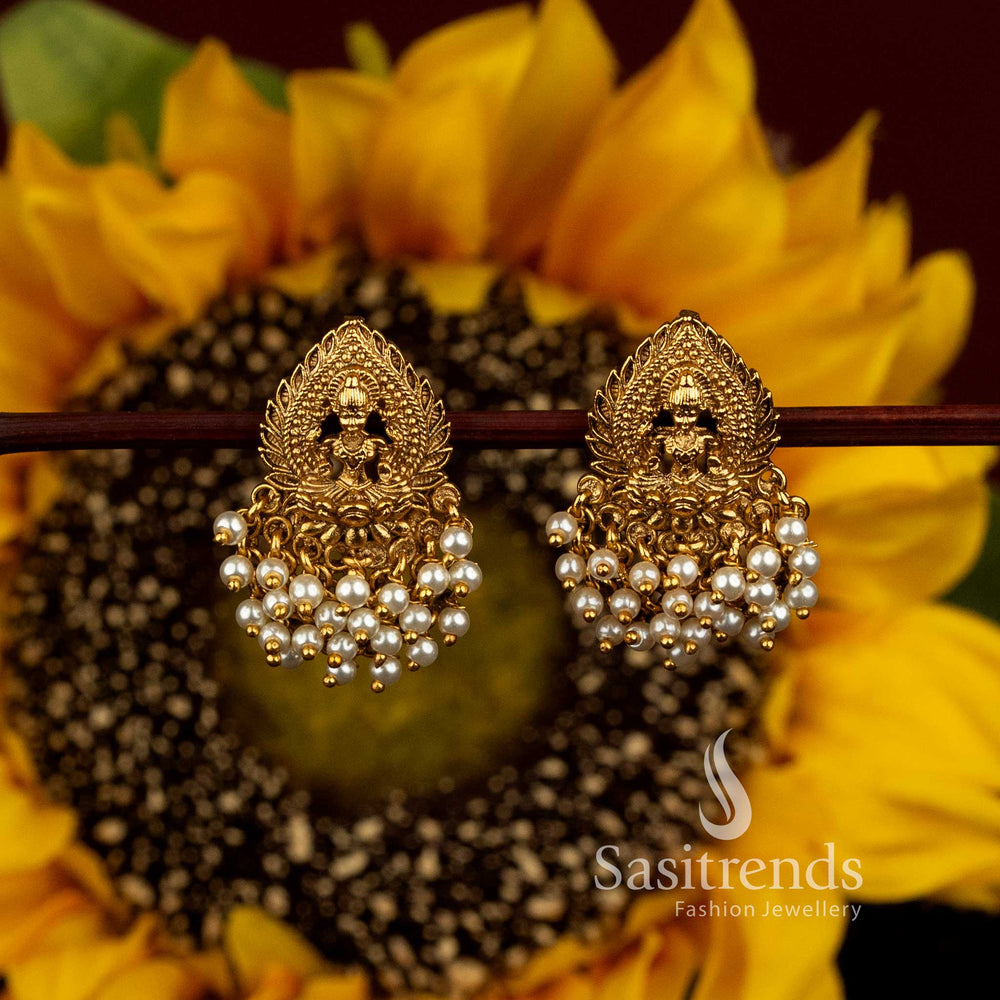 Traditional Matte Gold Plated Goddess Lakshmi Frame Drop Earrings with Pearl Fringe - Sasitrends