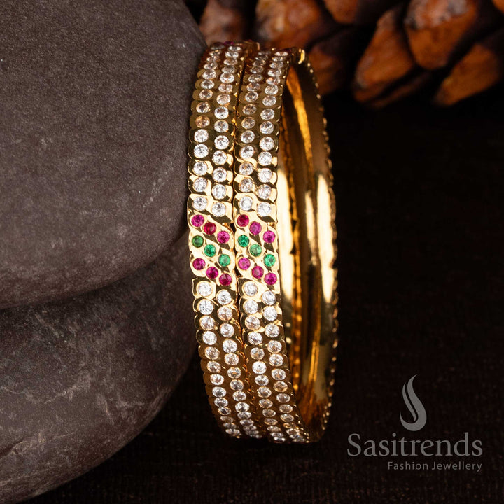 Traditional Impon Five Metal Gold Plated Dual Line CZ Stone Bangle Set - Sasitrends