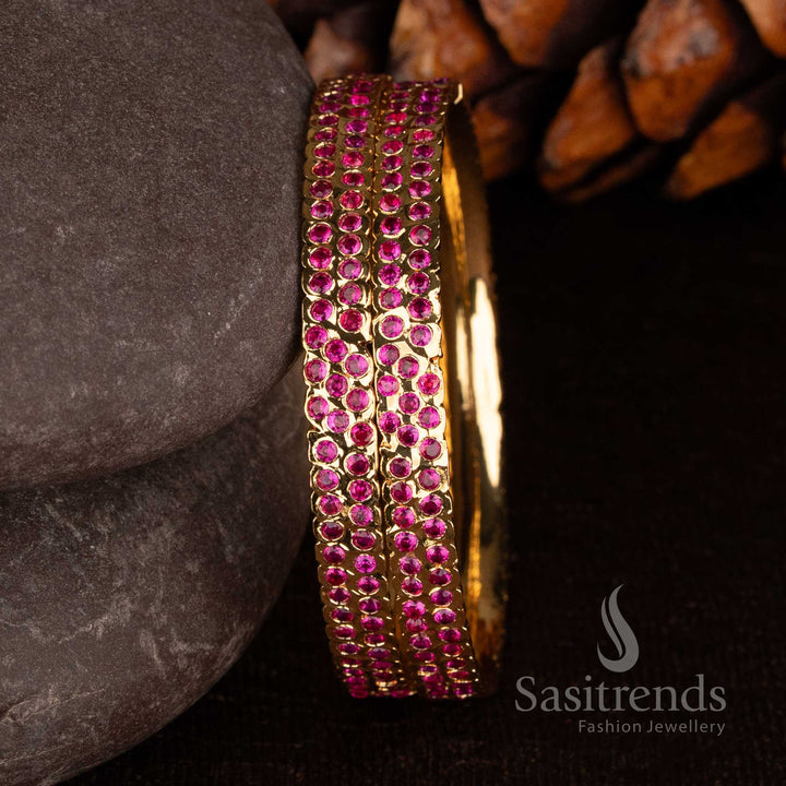 Impon Gold Plated American Diamond Two Line Bangle Set for Women - Sasitrends