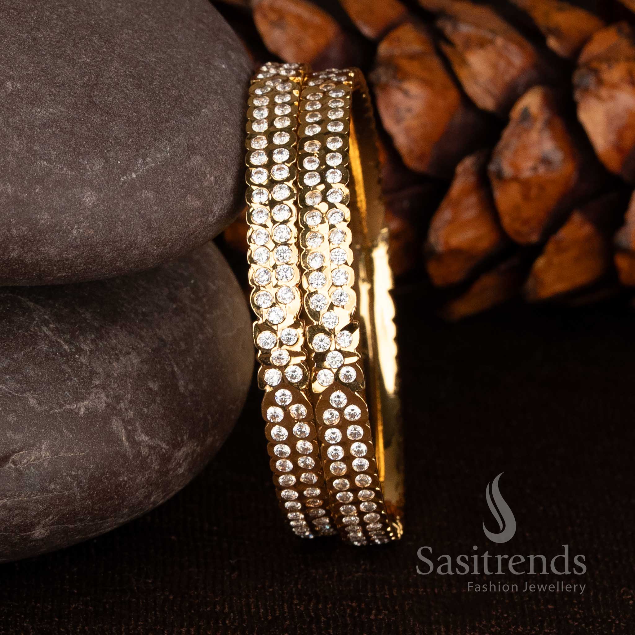 Impon Gold Plated CZ Stone Bangle Pair for Wedding and Festive Wear - Sasitrends
