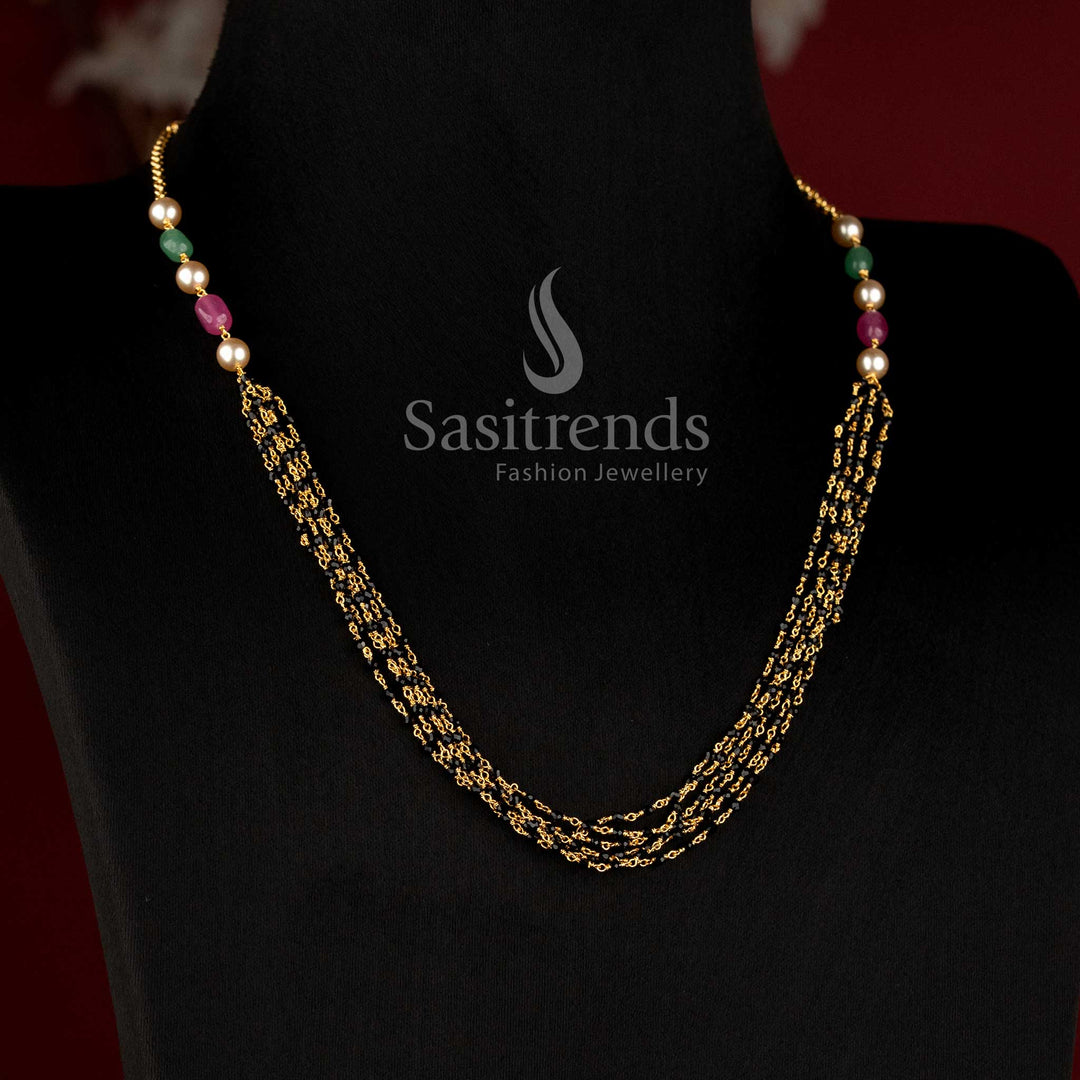 Traditional Micro Gold Plated Multi Layer Black Crystal Beads Mala Chain - Sasitrends
