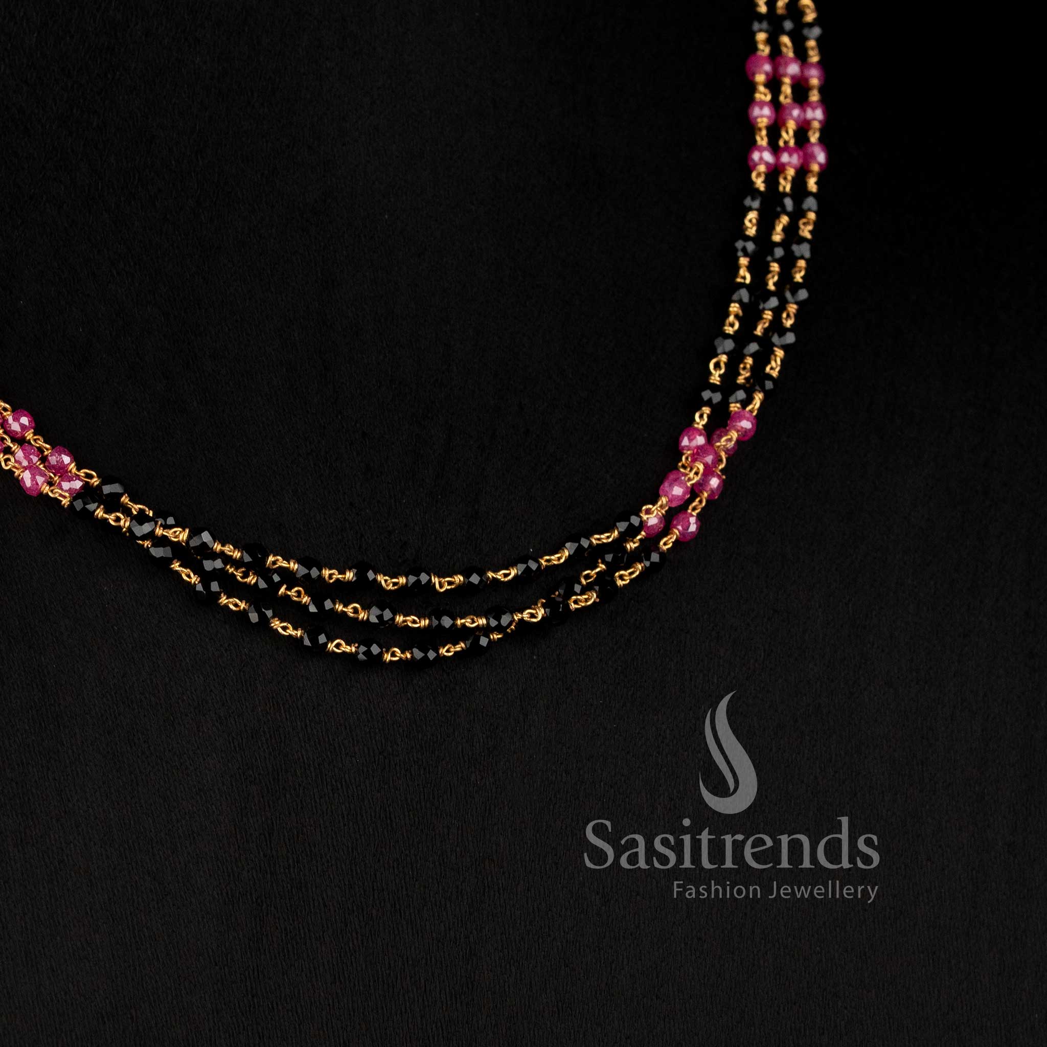 Micro Gold Plated Triple Layer Black Beads Mala Necklace for Traditional Wear - Sasitrends