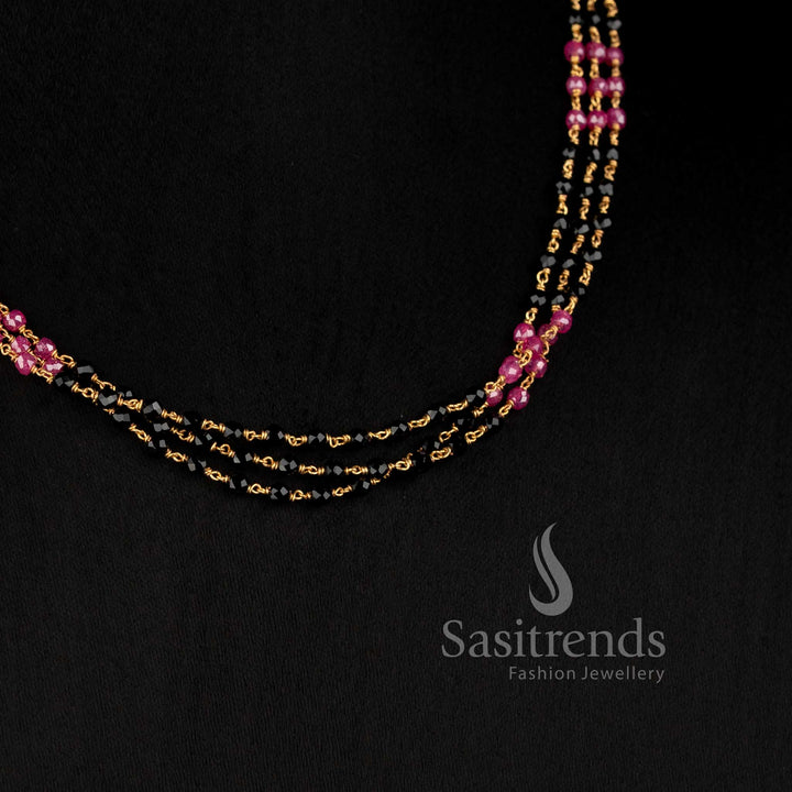 Micro Gold Plated Triple Layer Black Beads Mala Necklace for Traditional Wear - Sasitrends