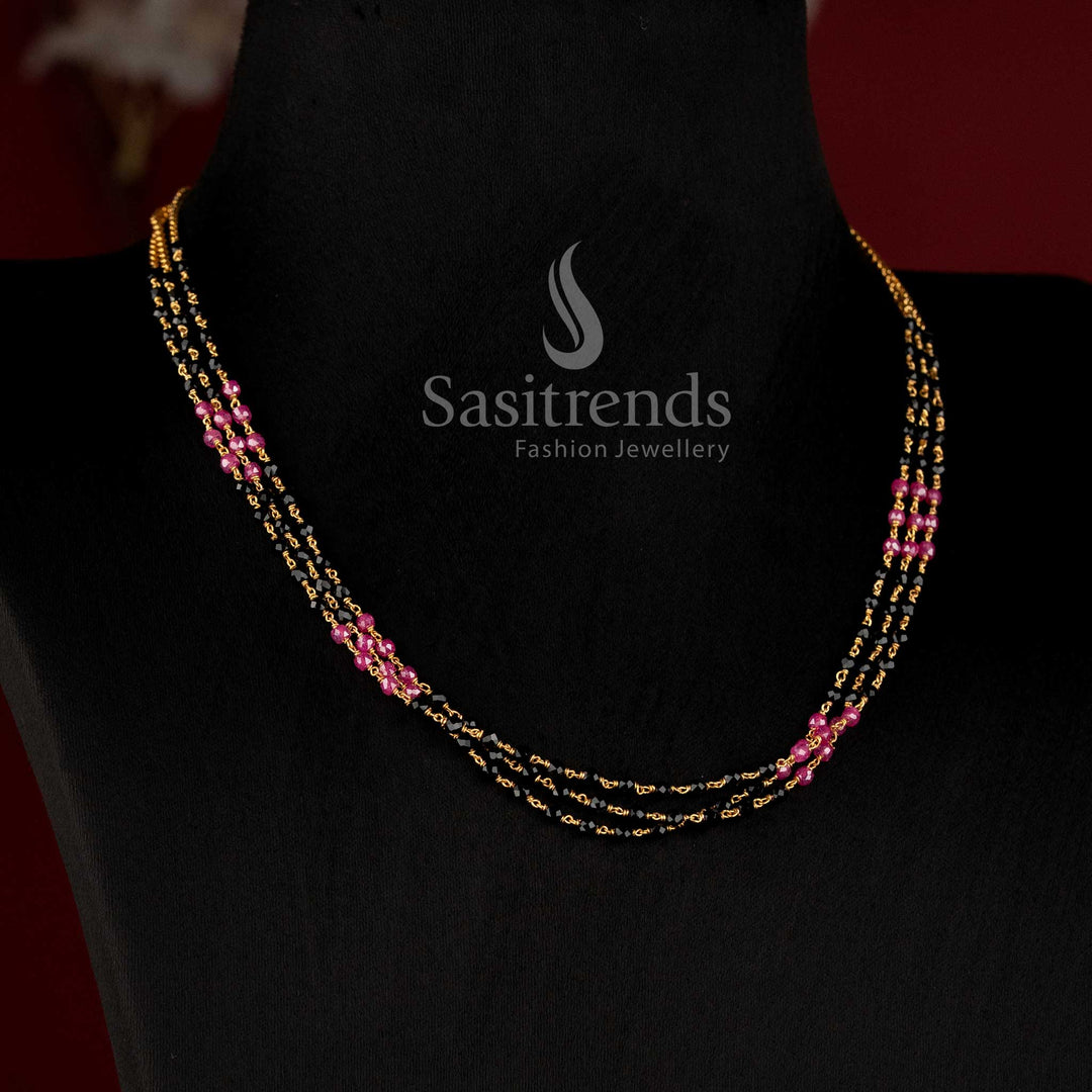 Premium Micro Gold Plated Triple Layer Black Beads with CZ Ruby Stone Mala Necklace - Sasitrends