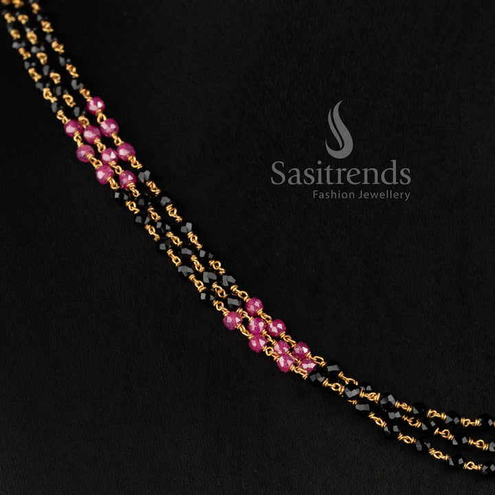 Micro Gold Plated Triple Layer Black Beads Mala Necklace for Traditional Wear - Sasitrends