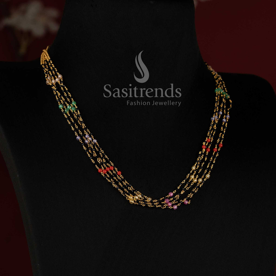 Gold Plated Layered Black Beads Mala Necklace with Cubic Zirconia for Traditional and Festive Wear - Sasitrends