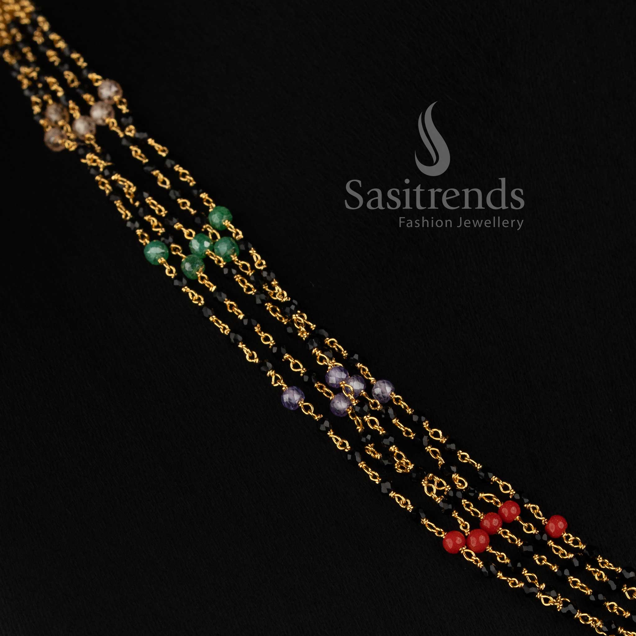 Traditional Gold Plated Multi Layer Black Crystal Beads Mala Chain with Cubic Zirconia Stones - Sasitrends