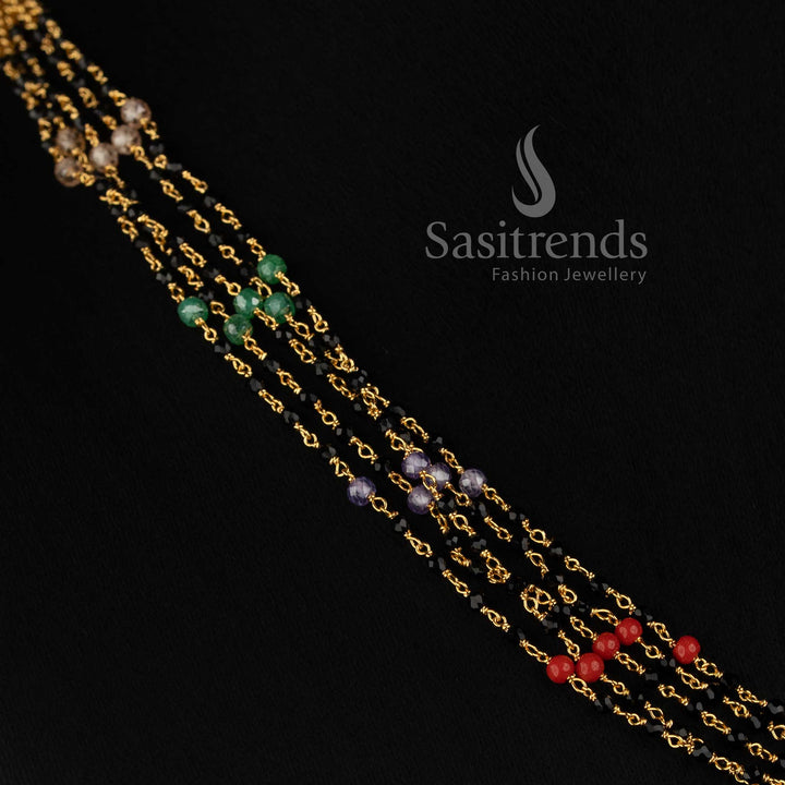 Traditional Gold Plated Multi Layer Black Crystal Beads Mala Chain with Cubic Zirconia Stones - Sasitrends