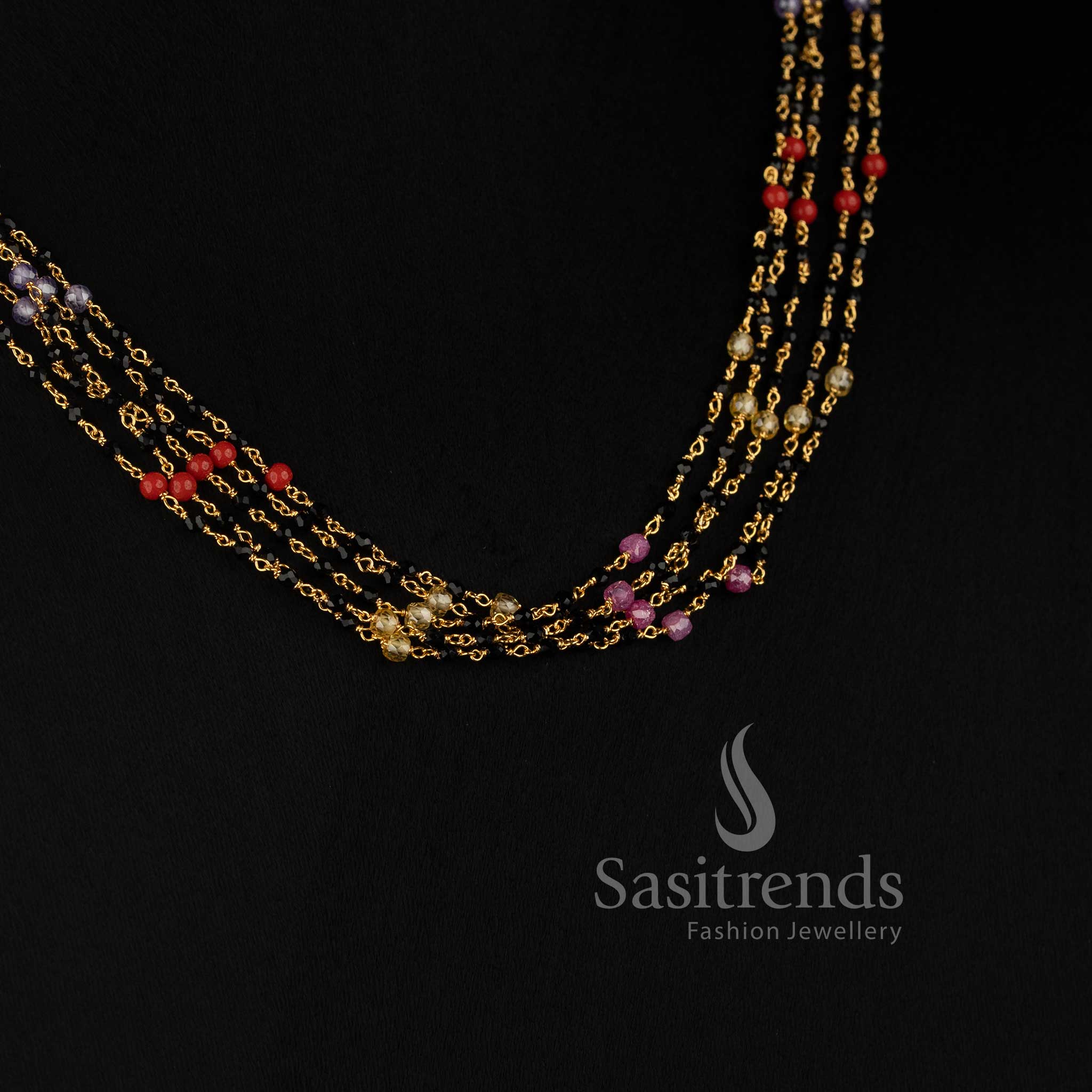 Micro Gold Plated Layered Black Beads Mala Necklace with Cubic Zirconia for Traditional and Festive Wear - Sasitrends