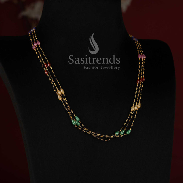 Micro Gold Plated Multi Strand Black Beads with Faceted Cubic Zirconia Stone Mala Necklace - Sasitrends