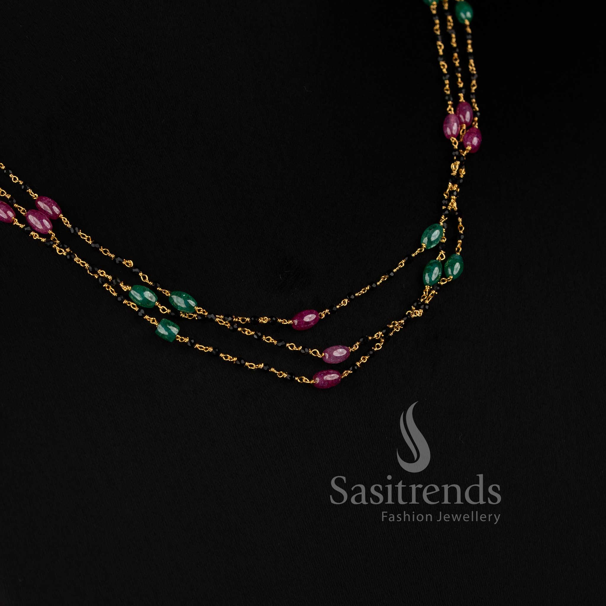 Micro Gold Plated Multi Strand Black Beads Mala with Faceted Cubic Zirconia Stone Clusters - Sasitrends