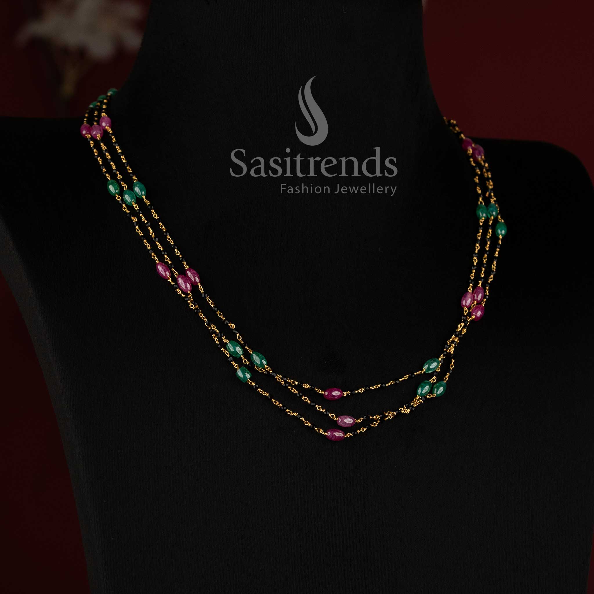 Micro Gold Plated Layered Black Beads Mala Necklace for Traditional and Festive Wear - Sasitrends