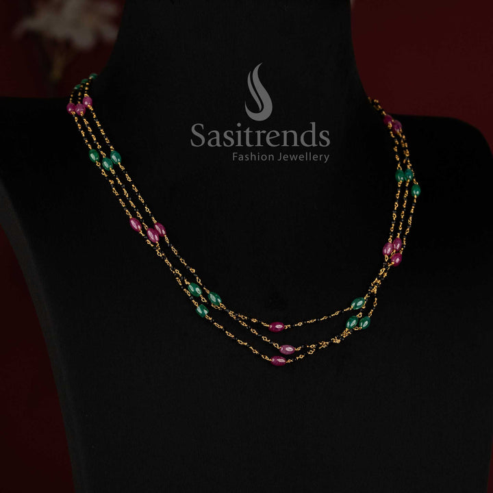 Micro Gold Plated Layered Black Beads Mala Necklace for Traditional and Festive Wear - Sasitrends