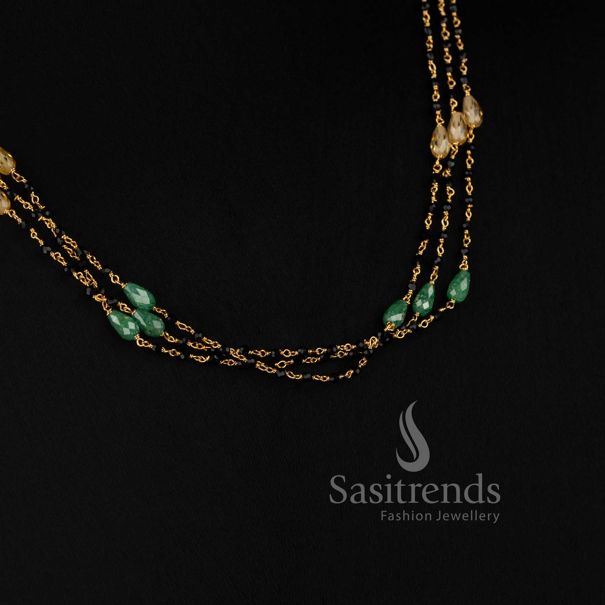  Micro Gold Plated Multi Strand Black Beads with Faceted Cubic Zirconia Stone Mala Necklace - Sasitrends
